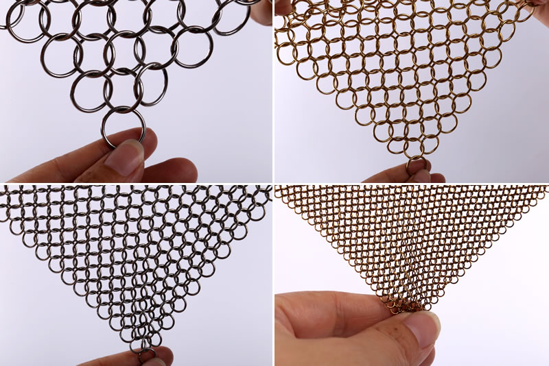 Chainmail curtain in natural color and golden color has different metal ring sizes.