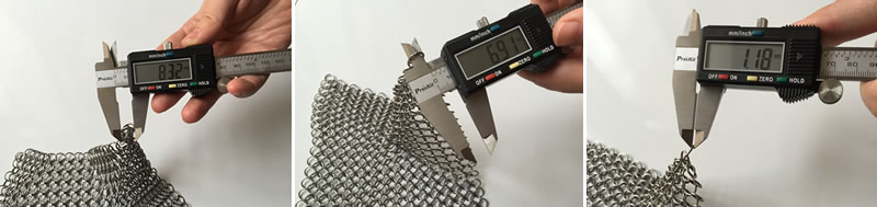 Measurements about the wire diameter, inner diameter, diameter of outer rings of chainmail curtain in natural color.