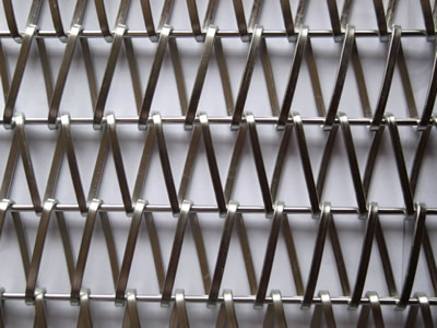 A part of stainless steel wire mesh belt with straight rod on the white background.