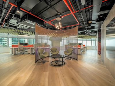 Chain link curtain used as a office room divider