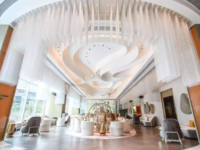 Chain link curtain used for ceiling decoration at the hotel.