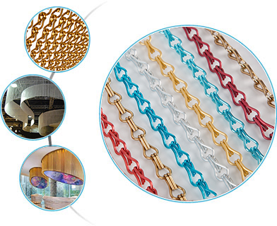 Four pictures to show the details and application about chain link curtain and chain curtain.