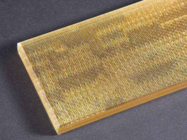 Shimmering gold wired glass.
