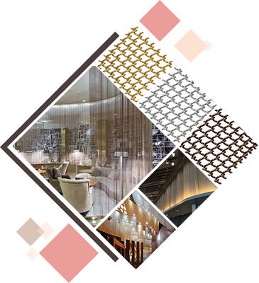 Six pictures about metal coil curtain samples and honeycomb decoration mesh samples as well as their applications in our daily life.